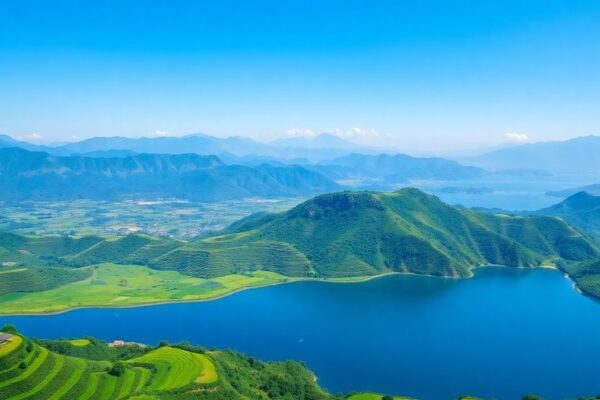 Pemandangan indah alam Indonesia dengan sawah dan pegunungan.